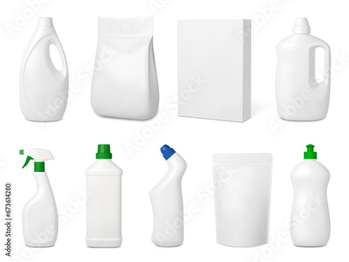Realistic cleaning products. Isolated white plastic bottles and paper box. Household detergents, 3d packaging mockup. Pithy vector containers set