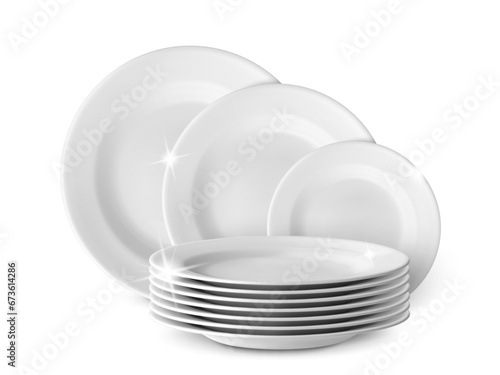 Realistic clean white plates. Washed plate and dish, isolated kitchen elements for promo poster dishwasher or detergent. Shiny tableware stack pithy vector mockup