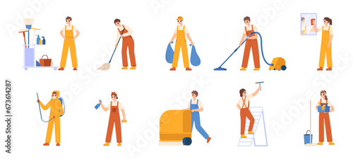 Young cleaner workers washing and disinfection. Clean company staff, service for office and house. Isolated household snugly vector characters