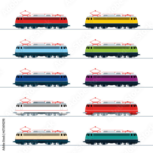 Vintage electric locomotive in various color options. Side view