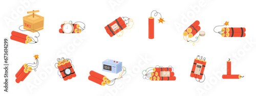 Tnt dynamite clipart. Isolated dynamite icons, explosive tools and bombs. Weapon collection, timer clock on red bomb, snugly vector cartoon set photo