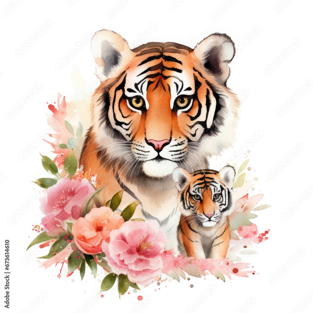 Cute mother tiger with baby with flowers Illustration, Generative Ai Cute mother tiger with baby with flowers Illustration, Generative Ai