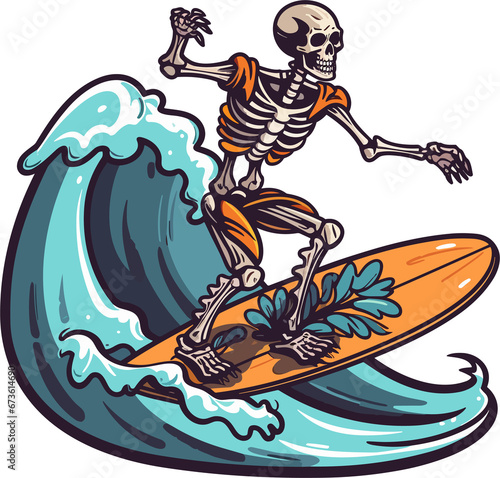 skeleton cartoon of a surfer riding