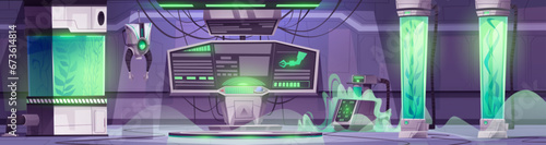 Spaceship laboratory with equipment. Vector cartoon illustration of futuristic science lab interior, plants in glass capsules filled with green gas, robotic arms, experiment data on computer display