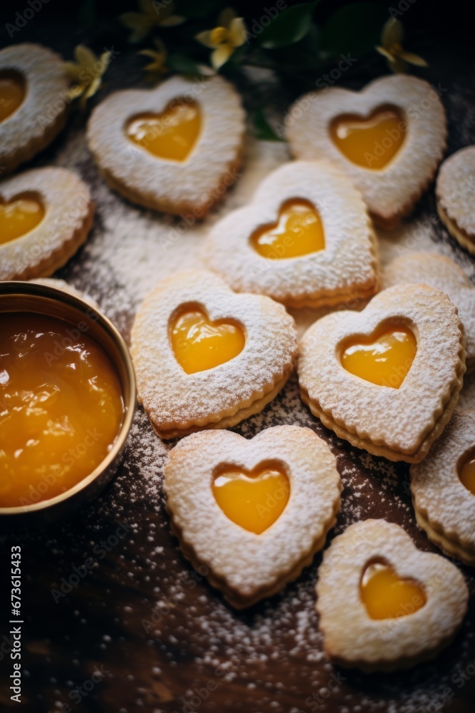 Heart-shaped thumbprint cookies with apricot jam, Valentine's Day dessert idea food photography