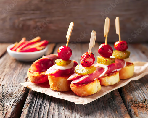 Spanish Pinchos Fiesta - Tomatoes, Olives, and Ham on Baguette