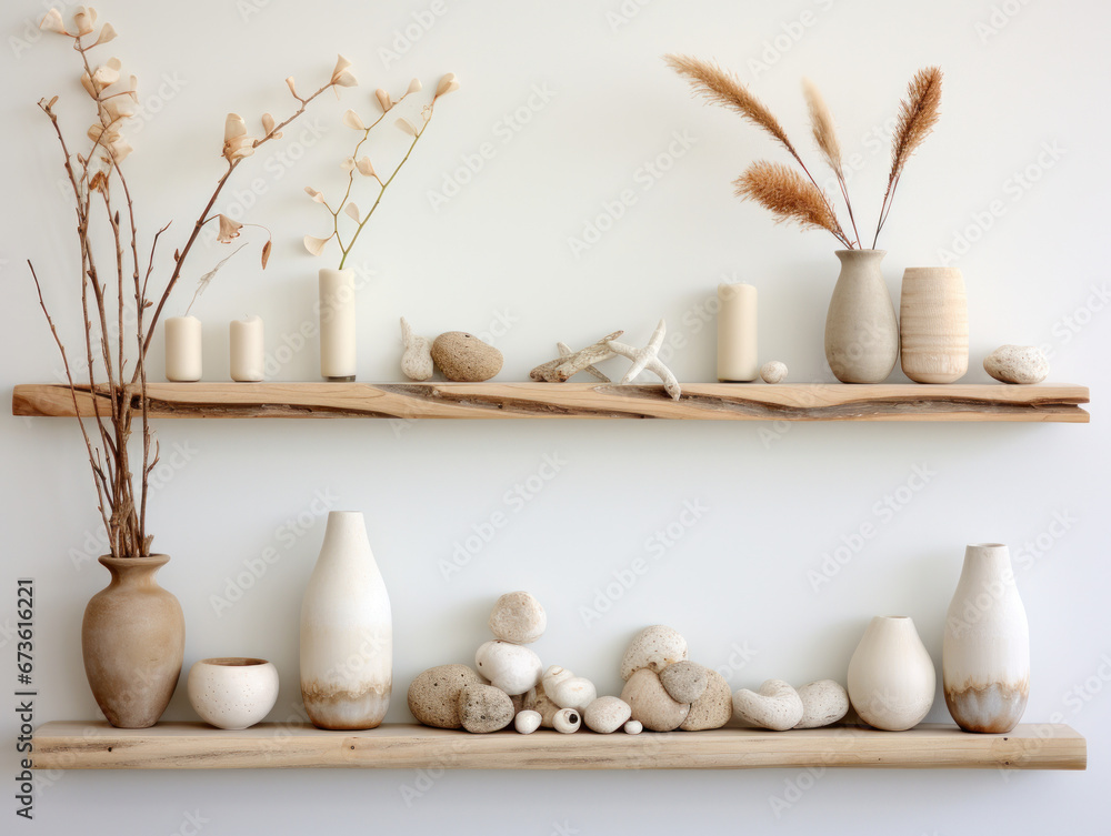 Beachy Wood Floating Shelf with Seashell Frames and a Driftwood