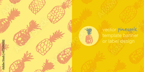 Vector seamless pattern with color hand drawn pineapple ornament. Healthy food idea banner template design. Organic ananas label template. Fruit and berries doodles for natural cosmetic design.