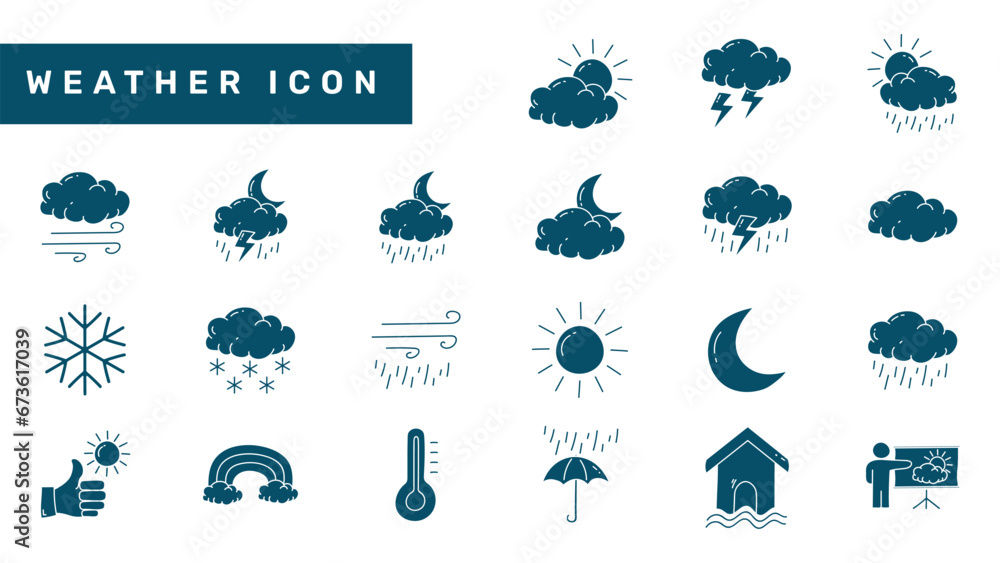 Hand drawn weather flat icon design. Weather doodle icon set. Sun, rain, snow, cloud, cloudy, rainy, temperature. - obrazy, fototapety, plakaty 