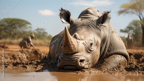 a rhino lying in water