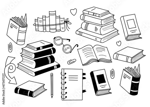 Books, notebooks and hobby. Collection hand drawn doodles. Vector illustration