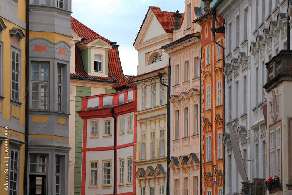Central European style building facades with bright vibrant colors