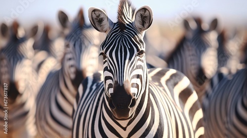 a group of zebras stand in a field