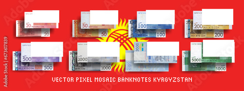Vector set of pixel mosaic banknotes of Kyrgyzstan. Collection of bills in denominations of 20, 50, 100, 200, 500, 1000, 2000 and 5000 soms. Play money or flyers.