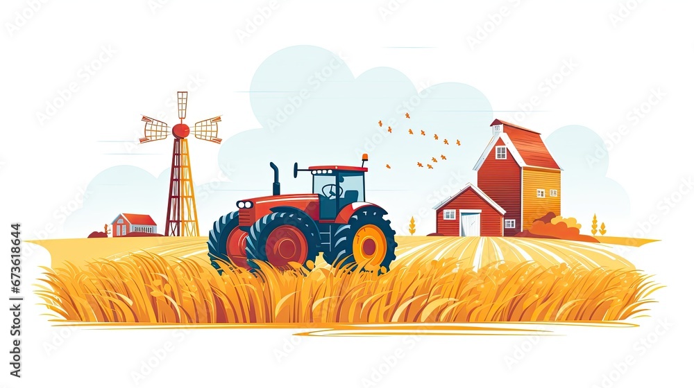 Obraz premium farm landscape with a tractor, mill, wheat, field. Cartoon illustration
