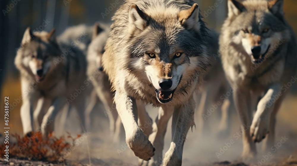 Fototapeta premium a group of wolves running