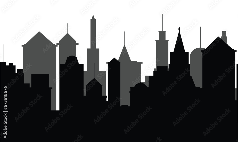 City background silhouette skyscrapers. Two layers silhouette city background. Hand drawn vector art