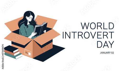 World Introvert Day banner. Woman is reading a book isolated in box. Introvert woman read book. Hand drawn vector illustration.