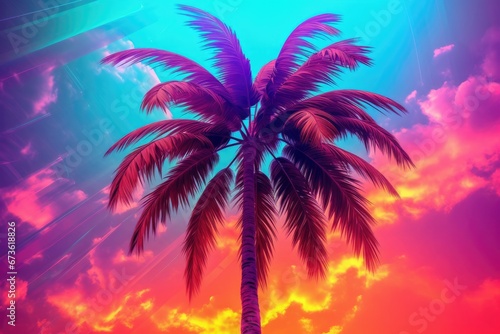 Coconut palm tree bathed in neon lights, casting an ethereal glow against a purple gradient backdrop. Celebrates tropical allure with a modern twist. © Postproduction