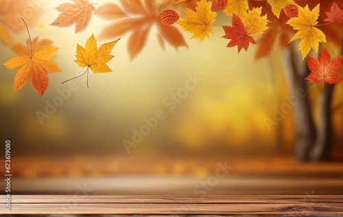 Empty wooden table with autumn background. Wooden table and autumn leaves on abstract bokeh fall background