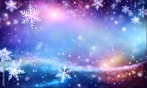Colorful Christmas background with snow and snowflakes © Saly