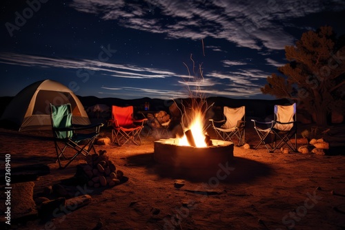 A campfire surrounded by camping chairs and tents under the night sky