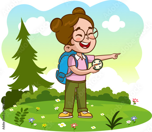 little girl with backpack and map looking at compass. Vector illustration in cartoon style