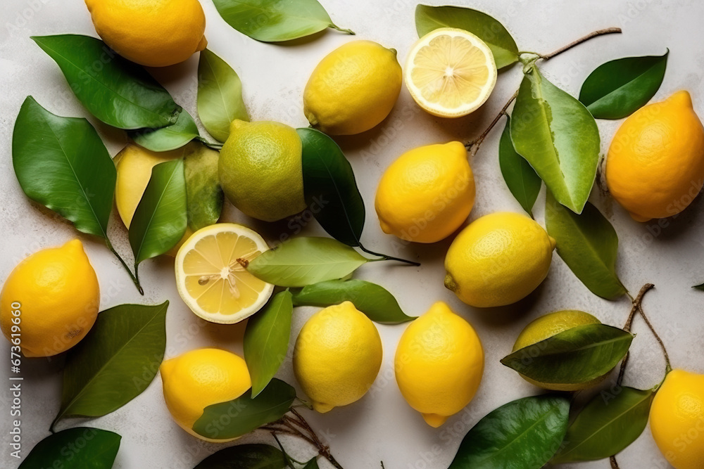 top view of Fresh lemons with leaves on a white background