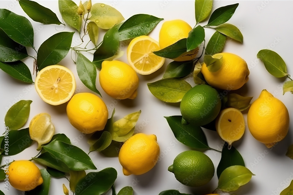 top view of Fresh lemons with leaves on a white background