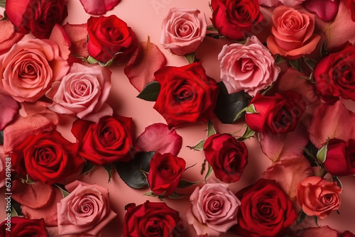 top view of blooming red roses on a pink background