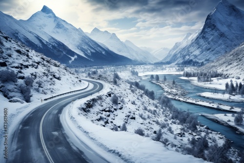 A mountain road winding through a snow-covered landscape