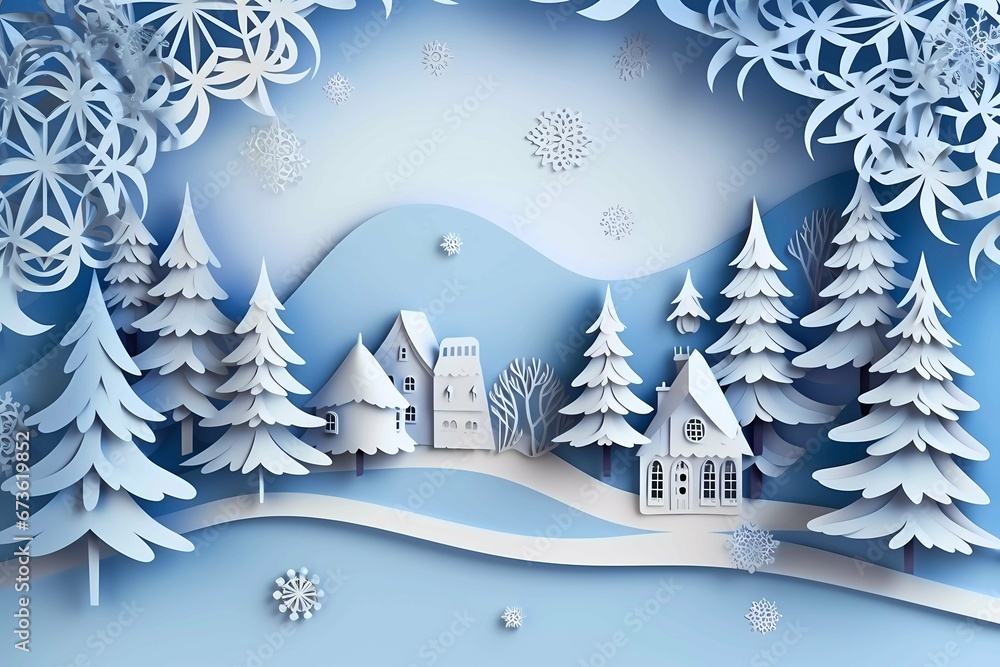 Merry chrismas and winter with snow and christmas tree. Paper art style. Crismass paper decorations, white and blue