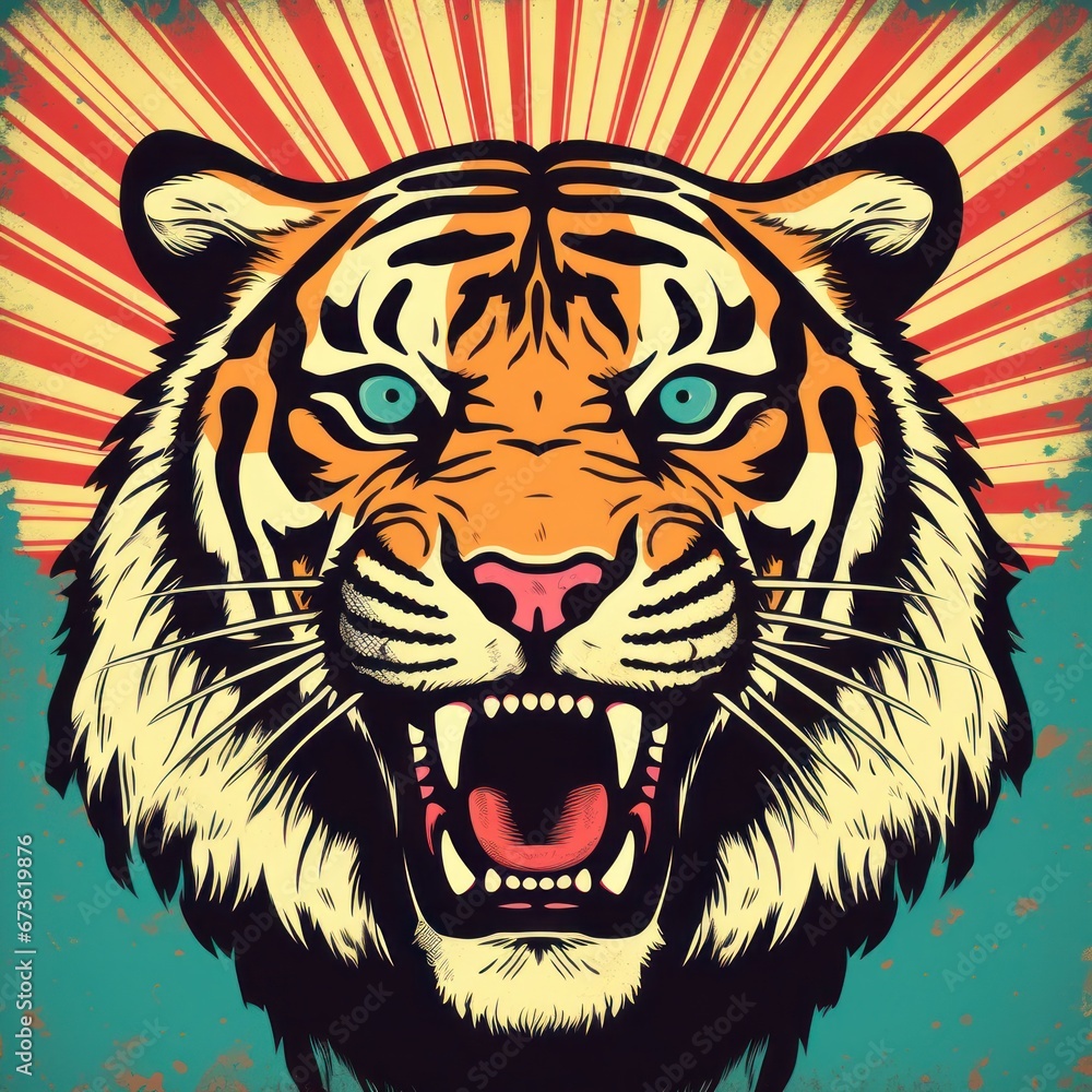 Fototapeta premium Tiger on grunge background with vintage sun rays.