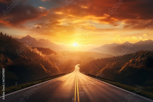 A road at sunrise, with soft, golden light breaking through