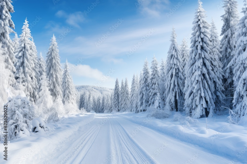 A snow-covered road in the heart of a winter wonderland A snow-covered road in the heart of a winter wonderland