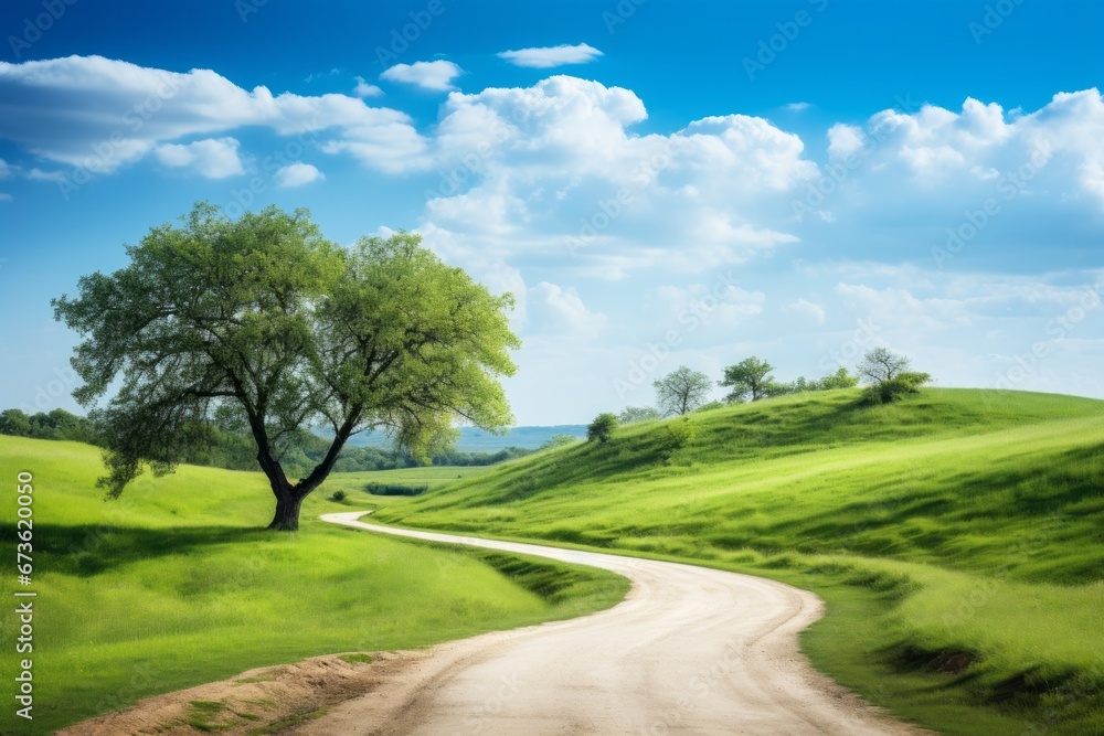 A winding road through a serene countryside with a blue sky overhead