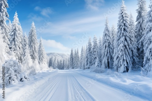 A snow-covered road in the heart of a winter wonderland
