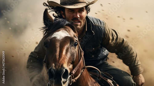 Photographie a man riding a horse