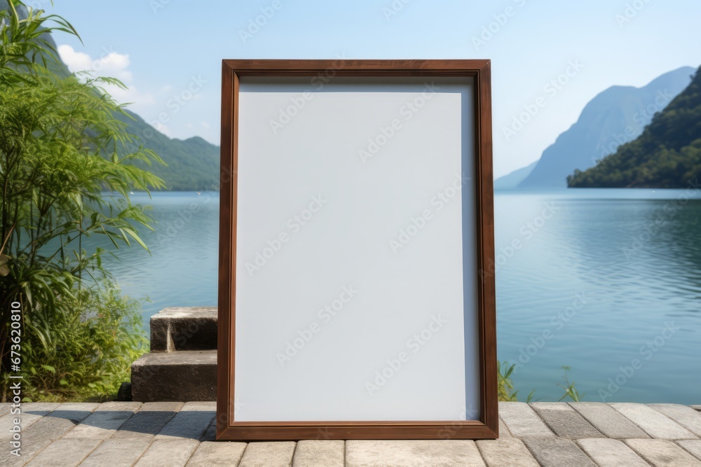 Empty poster frame against a tranquil lakeside view Empty poster frame against a tranquil lakeside view