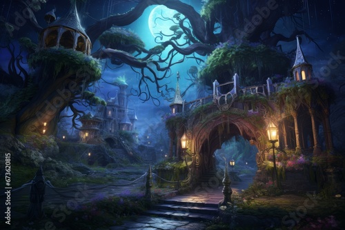 Enchanted 3D realm with mystic landscapes and magical illumination