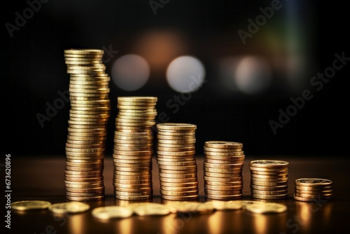 Stack of gleaming gold coins on a table, representing wealth and prosperity