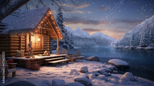 a cabin with a lake and snowy mountains