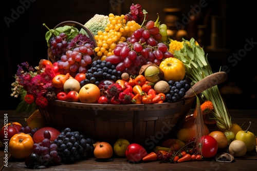 Colorful cornucopia filled with fruits and vegetables  symbolizing abundance and gratitude  Generative AI