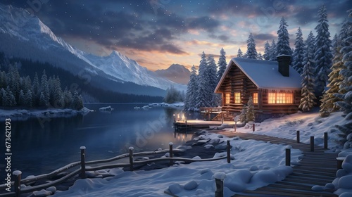 a cabin on a lake with a snowy mountain in the background