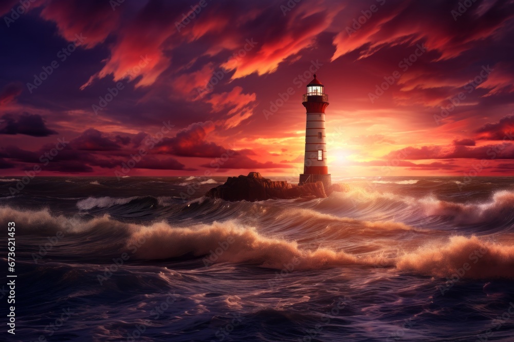 Seaside sunset sky background with a lighthouse and crashing waves