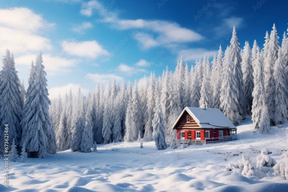 Snowy forest under a clear winter sky background with a cozy cabin Snowy forest under a clear winter sky background with a cozy cabin