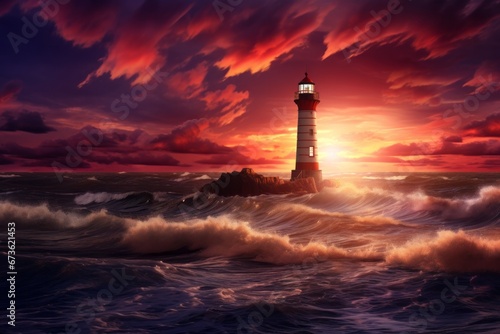 Seaside sunset sky background with a lighthouse and crashing waves