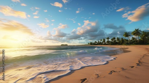 a beach with palm trees and blue sky