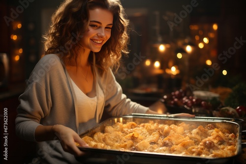 Woman taking a hot  steamy casserole dish out of the oven for the holiday meal  Generative AI
