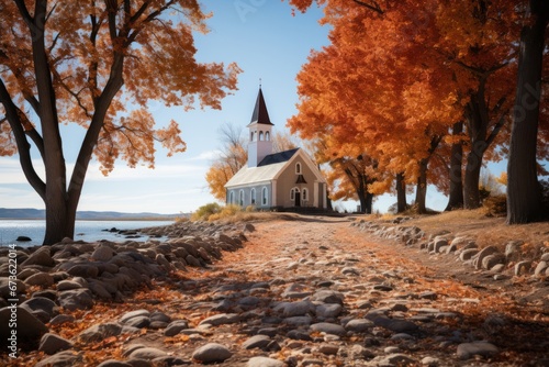 Picturesque scene of a historic church with fall foliage on Thanksgiving Day, Generative AI